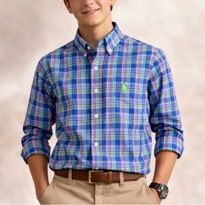 Ralph Lauren Youth Shirt Blue Pink Green XL 18-20 Button Down Plaid Boys Easter